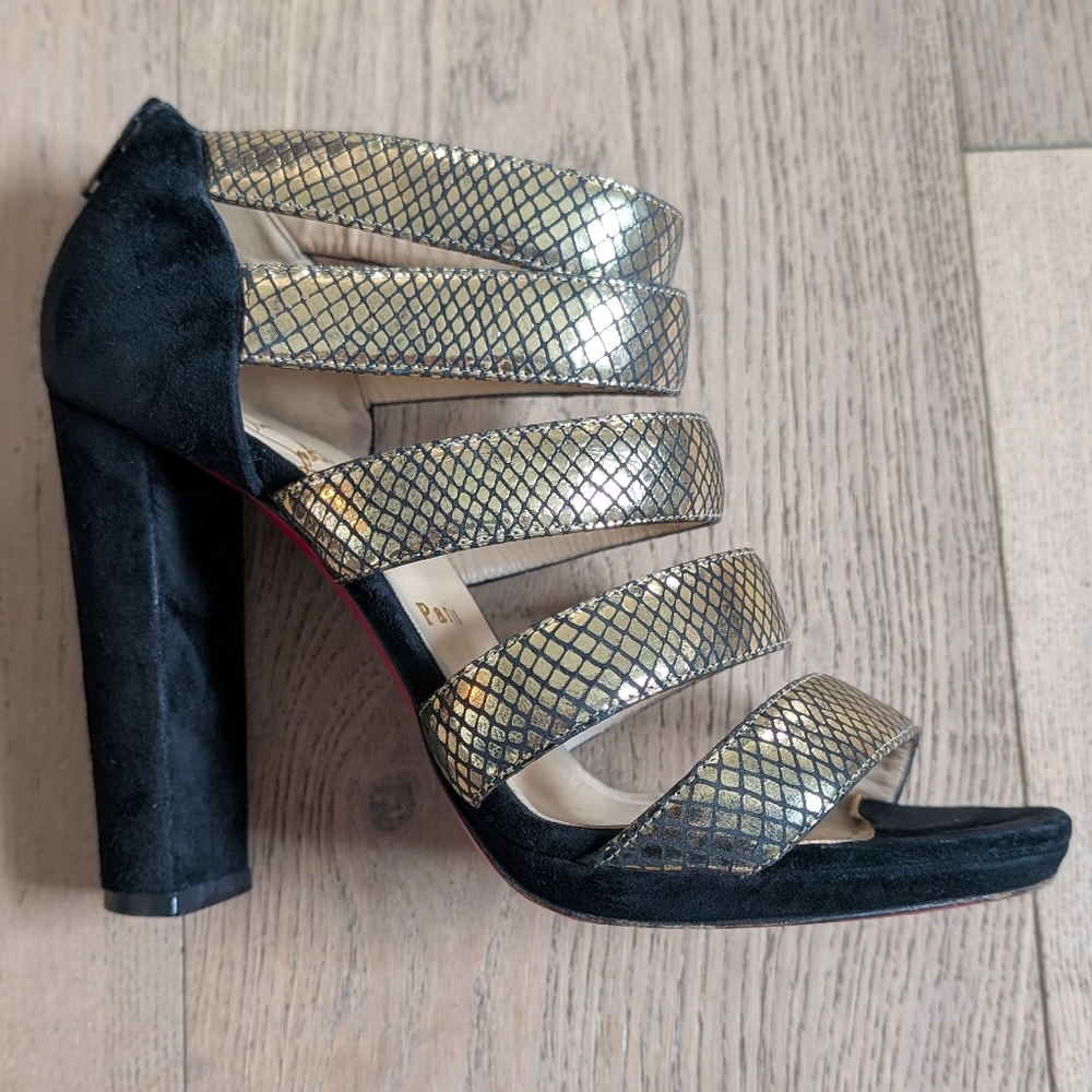 Authentic (rare) Christian Louboutin Gold Snakeskin Strappy Sandal, Block Heel